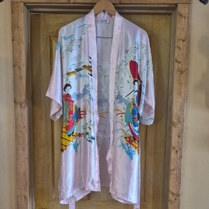Silk Asian Silk Robe XL With Tie Lightwieght Short Sleeve Design Geisha Vintage